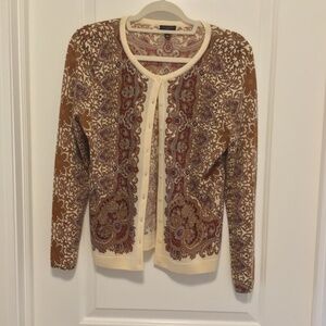 Talbots Cardigan in Paisley Print Burgundy, Beige and Ivory - Size MP